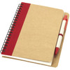 A tan notebook with a red stripe and a white ballpoint pen attached, featuring a spiral binding.