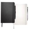 Two Nova Bound JournalBooks with blank pages, one black and one white, each with a pen attached.