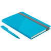 A turquoise notebook with a geometric design and an elastic band, paired with a matching pen.