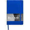 A blue A5 hard cover notebook with an elastic band and a belly band for customisation. It features a logo.