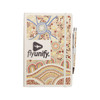 A white A5 journal with a colourful Aboriginal-inspired design and a matching pen. Features a logo on the front.