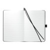 A black recycled marine bound journal with lined pages and a ribbon bookmark, featuring a logo on the cover.