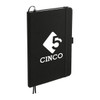 A black notebook with a logo on the cover, featuring an elastic band and a pen loop.