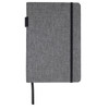 A grey A5 notebook with a textured cover, elastic band closure, and ribbon bookmark. It features a logo.
