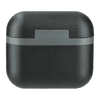 A black charging case with a grey band, designed for true wireless earbuds, featuring a logo.