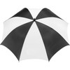 A golf umbrella featuring a black and white striped canopy design. It includes a logo on one side.