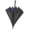 A black umbrella with a blue interior, featuring a curved handle and a compact design. It includes a logo.