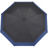 A black and blue auto-open umbrella with an octagonal shape, featuring a central clearing and a logo.