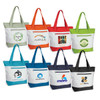 A collection of eight fabric tote bags in various colours, each featuring a different logo on the front.