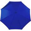 A blue auto open fashion umbrella with a black handle and a logo. Suitable for leisure and outdoor activities.
