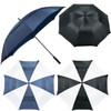A collection of four golf umbrellas in navy blue, black, and a black-and-white design, featuring a logo on the handles.