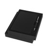 A black notebook and pen gift set presented in a sleek black box. The set features a stylish design and includes a logo.