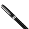 A black rollerball pen with a silver clip and accents, featuring a sleek metal design and a logo.