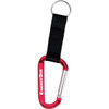 A red carabiner with a silver keyring and black webbing strap, featuring a logo.