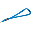 A blue lanyard with a clip at the end and a breakaway buckle. Features a logo.