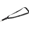 A flat panel lanyard in black with a clip, featuring a logo along the length. Ideal for events and exhibitions.