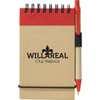 A notepad with a kraft cover, red top, and a red pen attached, featuring a logo on the front.