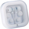 Colour Pop earbuds with a microphone, featuring a white casing and interchangeable ear tips. Includes a branding logo.