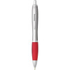 A plastic pen featuring a silver finish and a red grip, with a click mechanism and branding.