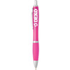 A pink plastic pen with silver accents and a clip, featuring a logo.