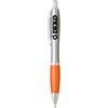 A plastic pen featuring a silver barrel, an orange grip, and a clip, with a logo on the side.