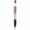 A silver pen-highlighter with a black grip and a transparent cap, featuring a logo on the side.