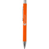 An orange soft touch metal pen with a silver clip and a logo.