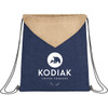 A navy drawstring bag with a tan top panel and a logo printed on the front. Features black drawstrings.