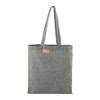A grey recycled cotton twill tote bag with long handles and a hang tag, featuring a simple design.