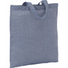 A blue recycled cotton twill tote bag with two handles and a simple design. It features a logo.