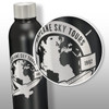 A drink bottle in matte black featuring a silver globe design and a logo. It has a stainless steel cap.
