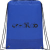A blue drawstring bag with a textured bottom and a logo printed on the front.