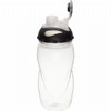 A drink bottle with a clear body and a black lid featuring a flip-top spout and a logo.
