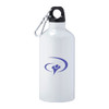 A drink bottle made of white aluminum, featuring a black cap and a carabiner, with a blue logo.