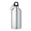 A drink bottle in sleek silver aluminium with a black cap and a detachable carabiner for convenience.