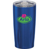 A drink bottle in blue featuring a clear lid and a logo, suitable for hot or cold beverages.
