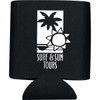 A black collapsible can insulator with a logo featuring a sun and palm tree design.