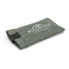 A grey sunglass pouch with a logo, featuring a foldable design and an elastic strap.
