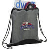 A grey drawstring sportspack with a black base, containing sunglasses and a rolled magazine. It features a logo.