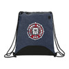 A navy drawstring sportspack with a black base and a logo featuring a bulldog.