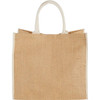 A large jute tote bag in a natural beige colour with white handles and a logo.