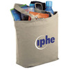 A beige zippered tote bag with various items inside, including a drink bottle, brochures, and snacks. It has a logo.