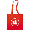 A red tote bag featuring a central logo in white. It has long handles for easy carrying.