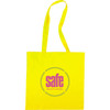 A yellow tote bag with a logo in the centre and long shoulder straps.