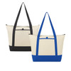 A non-woven boat tote cooler in cream with black and blue accents, featuring long straps and a logo.