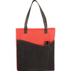 A red and black non-woven tote bag featuring a curved design and a front pocket with pens.