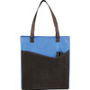 A blue and black non-woven tote bag with shoulder straps and side pockets for pens. It features a logo.