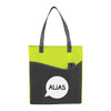 A non-woven tote bag in bright lime green and black with a logo and a pocket.