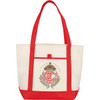 A large cream tote bag with red straps and a logo on the front. Includes an outer pocket.