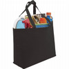 A black non-woven tote bag filled with a drink bottle, magazines, and various household items. The bag has two handles and a simple design.